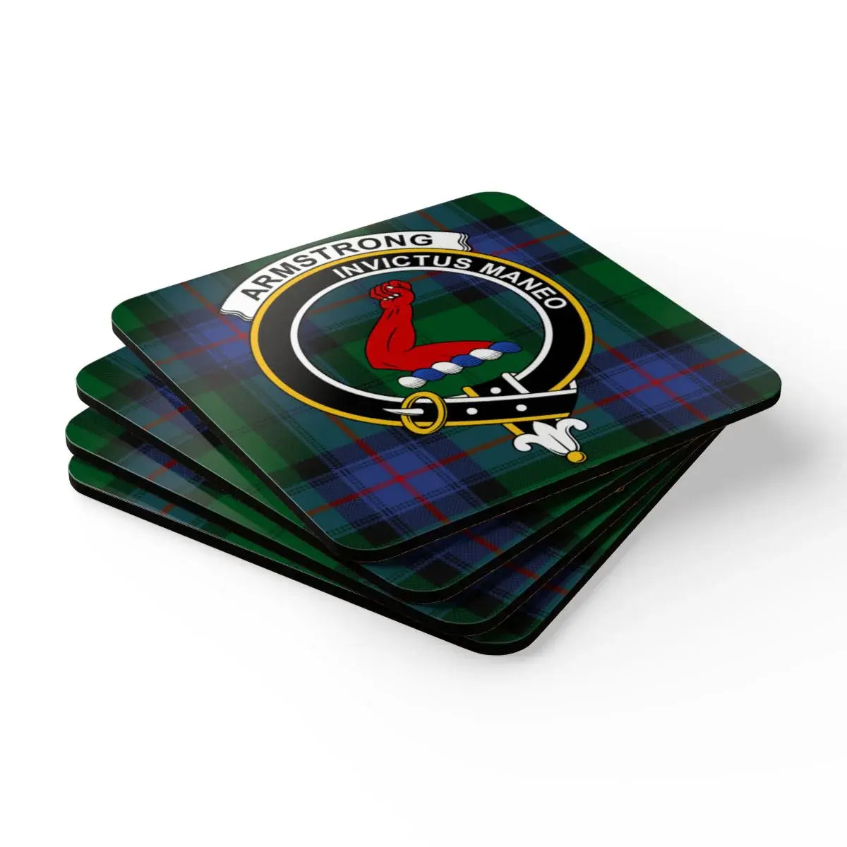 Armstrong clan crest badge coaster in use — 3.75 inch square, Scottish tartan design