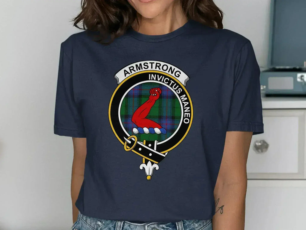 Armstrong crest tartan t-shirt in royal blue — Invictus Maneo motto, Scottish ancestry apparel