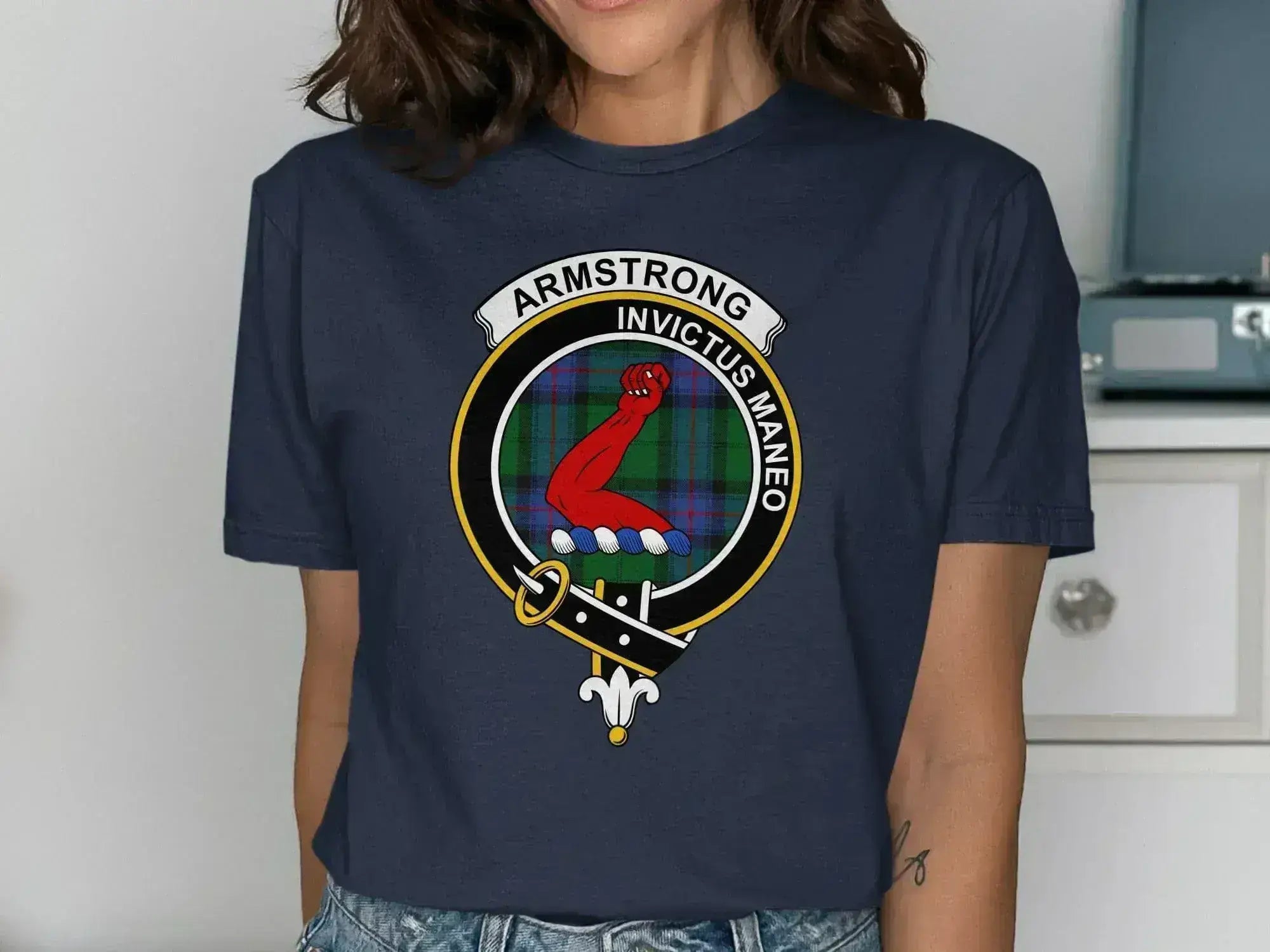 Armstrong crest tartan t-shirt in royal blue — Invictus Maneo motto, Scottish ancestry apparel
