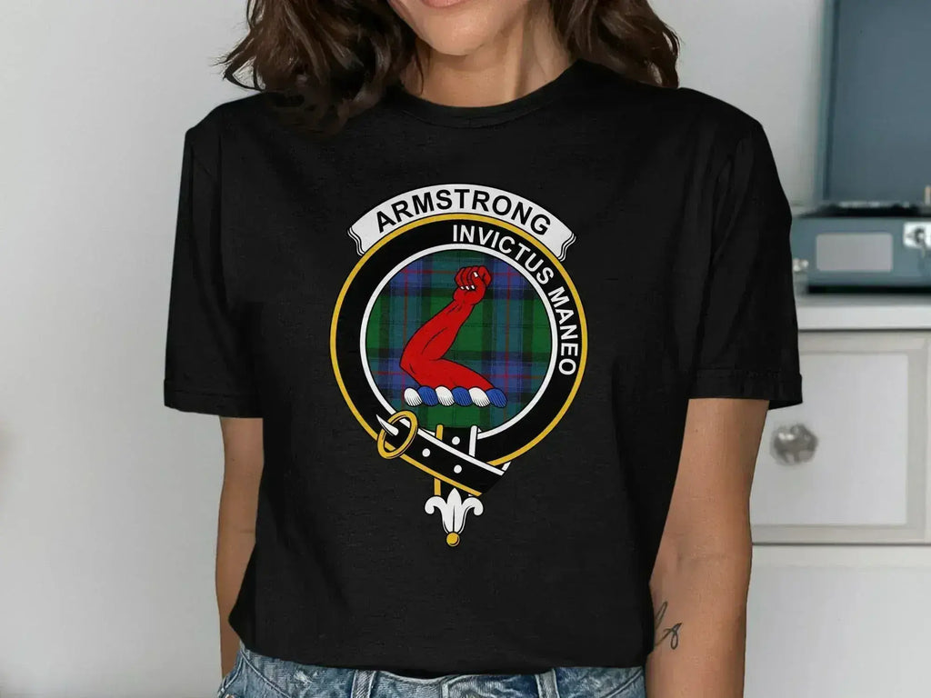 Armstrong tartan crest t-shirt in forest green — Scottish heritage design, unisex fit