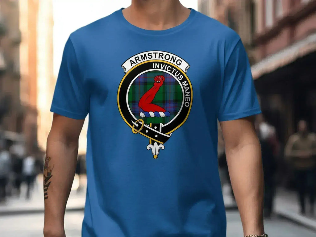 Armstrong Invictus Maneo tartan tee worn — clan crest print on chest, everyday fit