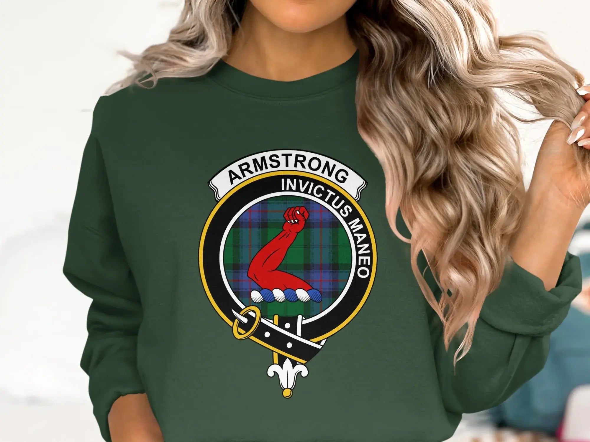 Armstrong Invictus Maneo sweatshirt in navy — clan crest and tartan, S to 3XL