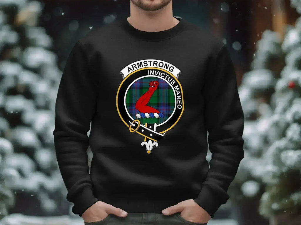 Armstrong clan crest sweatshirt in black — tartan-inspired Scottish heritage design, relaxed fit