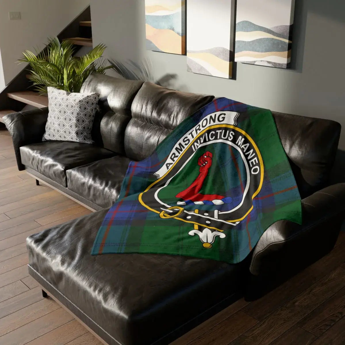 Clan Armstrong printed tartan throw blanket — clan crest and Invictus Maneo motto, 50x60 inches