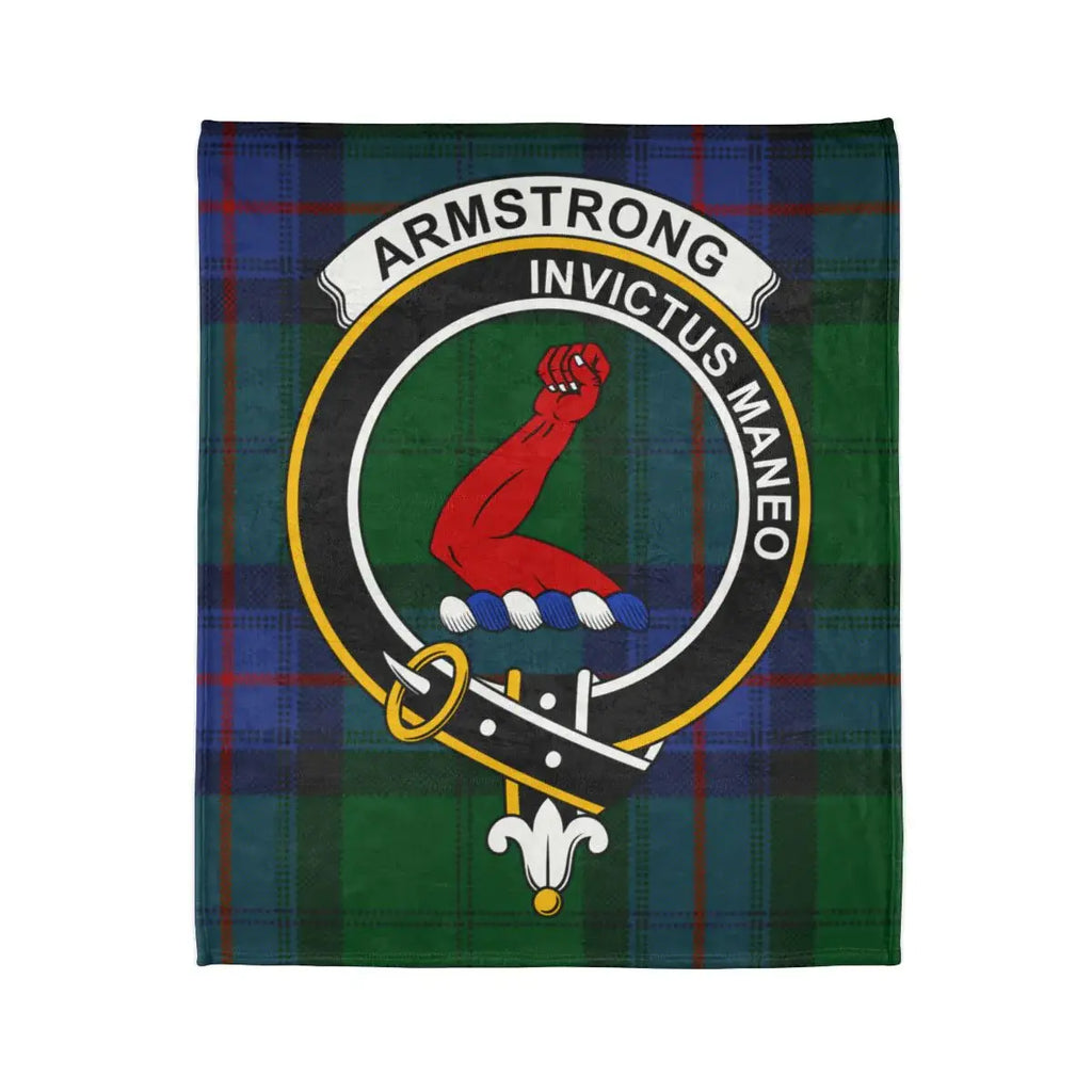 Armstrong Invictus Maneo tartan throw blanket closeup — clan crest design on soft printed fabric