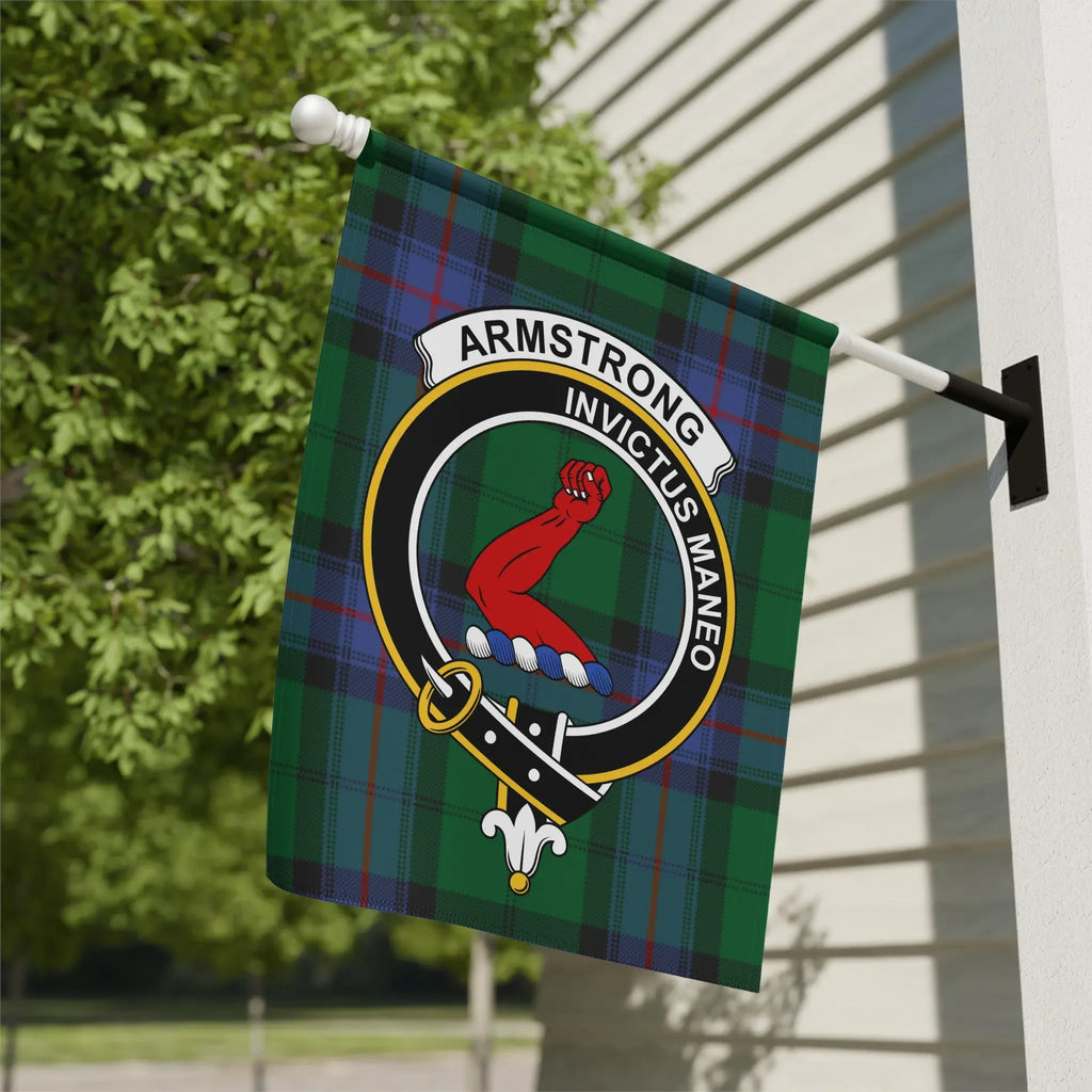Clan Armstrong tartan garden flag — clan crest and Invictus Maneo design, 12x18 outdoor display