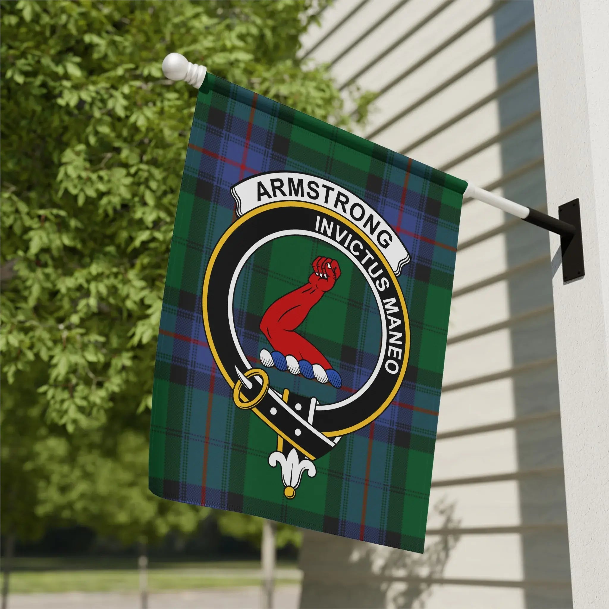 Clan Armstrong tartan garden flag — clan crest and Invictus Maneo design, 12x18 outdoor display