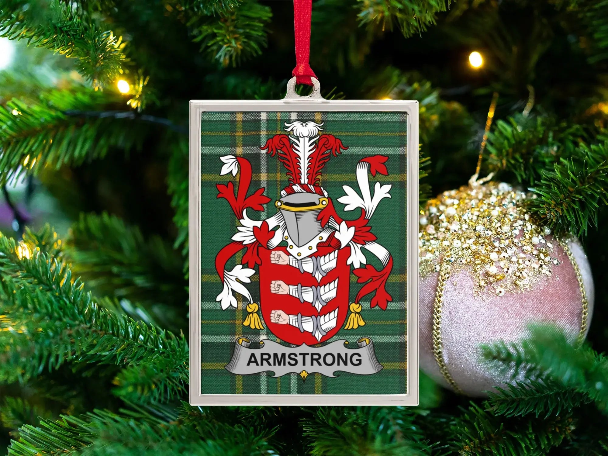 Armstrong Irish heritage coat of arms Christmas ornament — 3.25x2.31 framed, green and gold tartan design