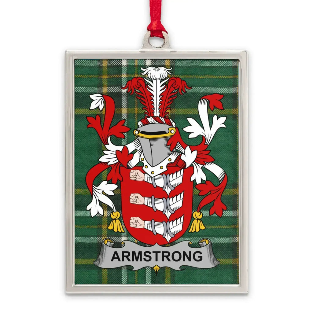 Armstrong coat of arms on Irish tartan-inspired ornament — framed keepsake, green and gold plaid background