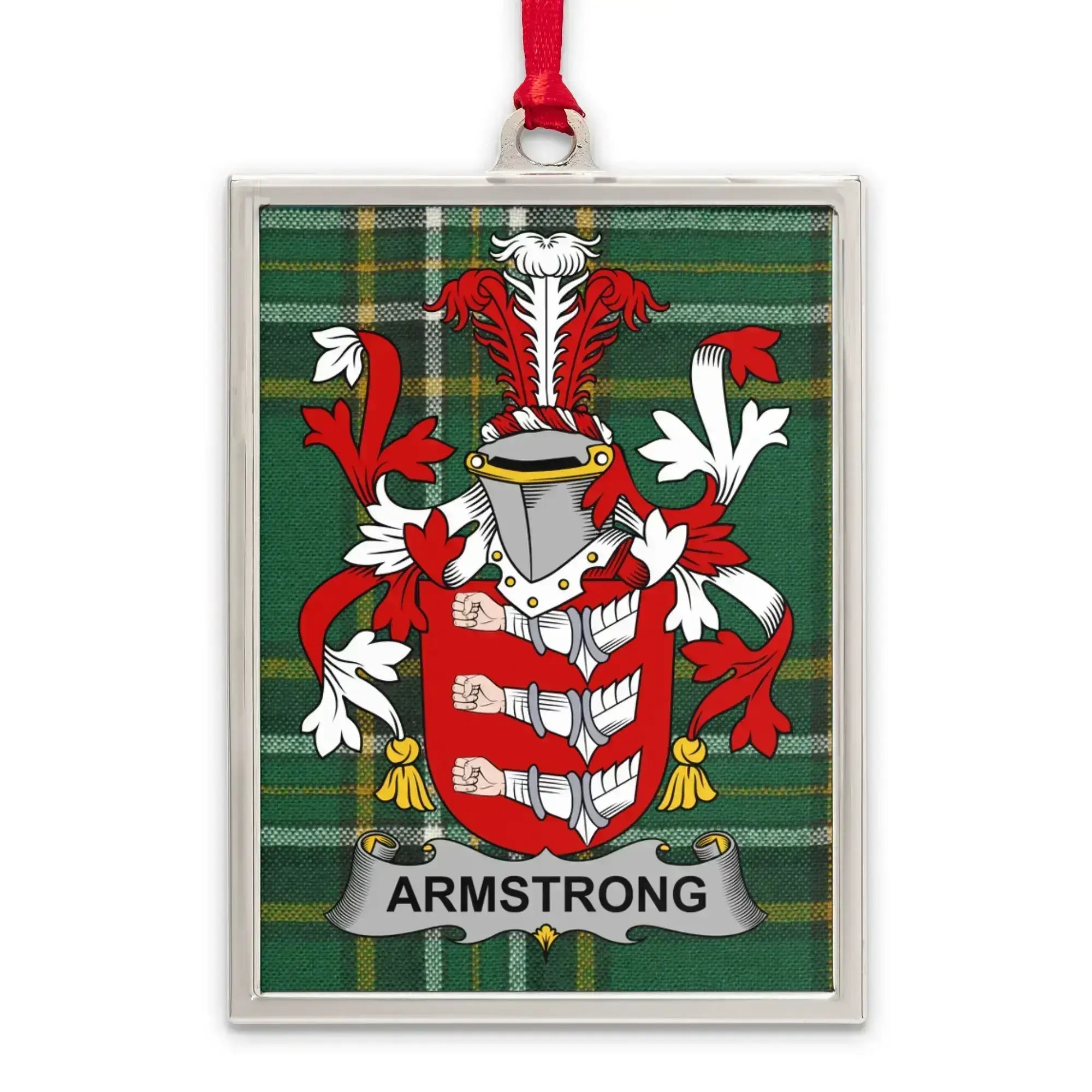 Armstrong coat of arms on Irish tartan-inspired ornament — framed keepsake, green and gold plaid background