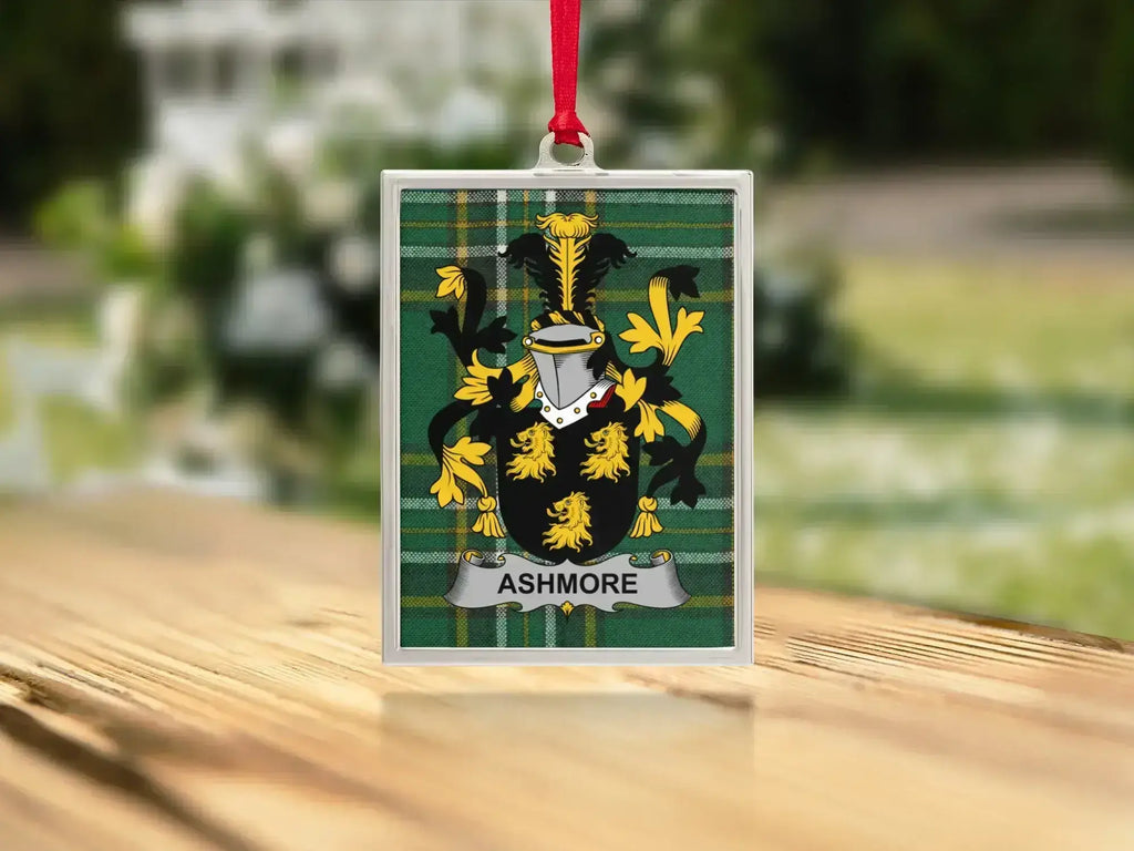 Ashmore Family Crest on Green Tartan Ornament product