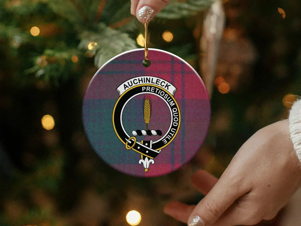 Auchinleck Pretiosum Quod Utile clan crest double-sided ceramic ornament – heritage design presentation