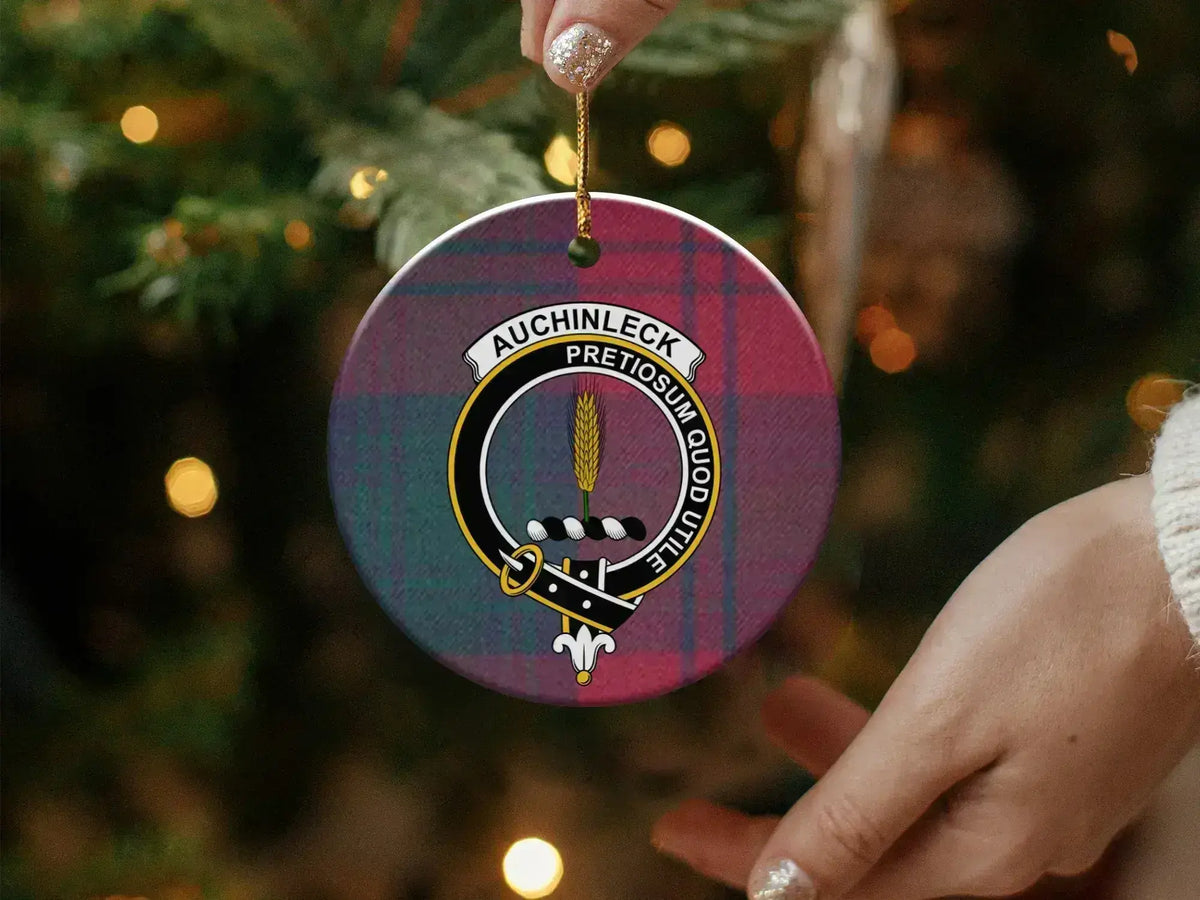 Auchinleck Pretiosum Quod Utile clan crest double-sided ceramic ornament – heritage design presentation