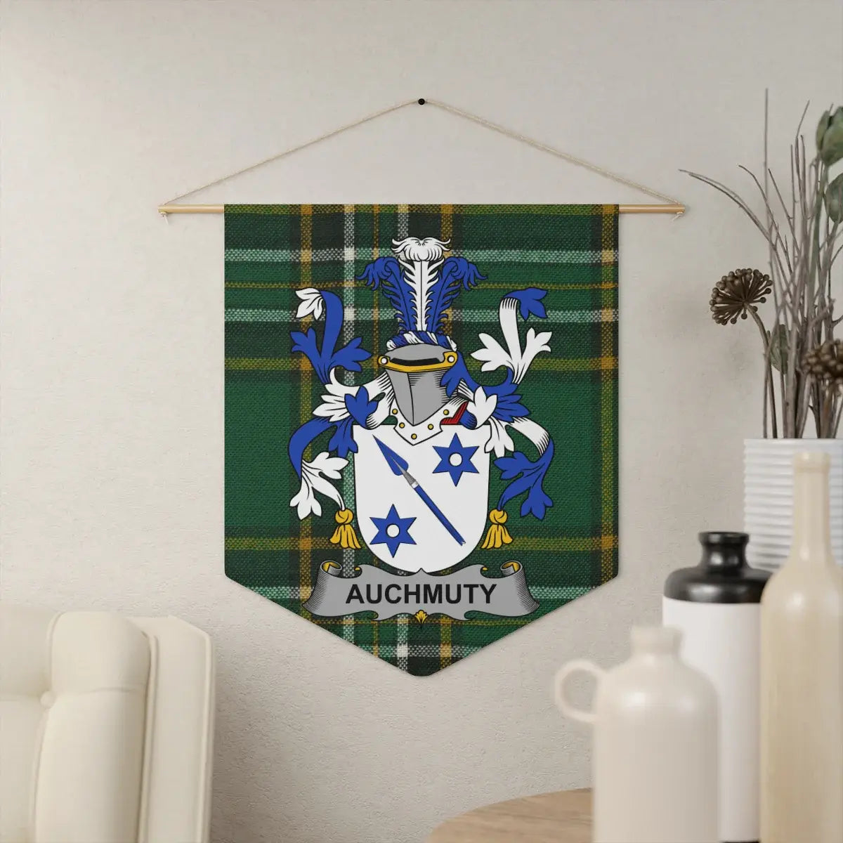 Auchmuty Irish family crest wall pennant — crest on the Irish national tartan