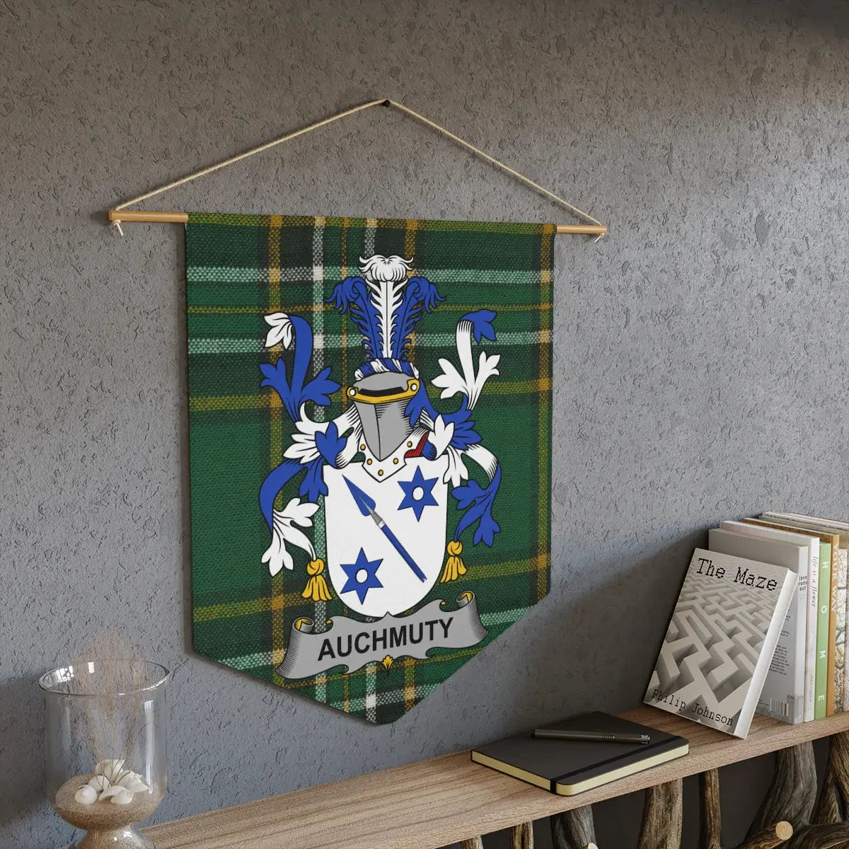 Auchmuty Irish family crest wall pennant — tartan wall hanging display