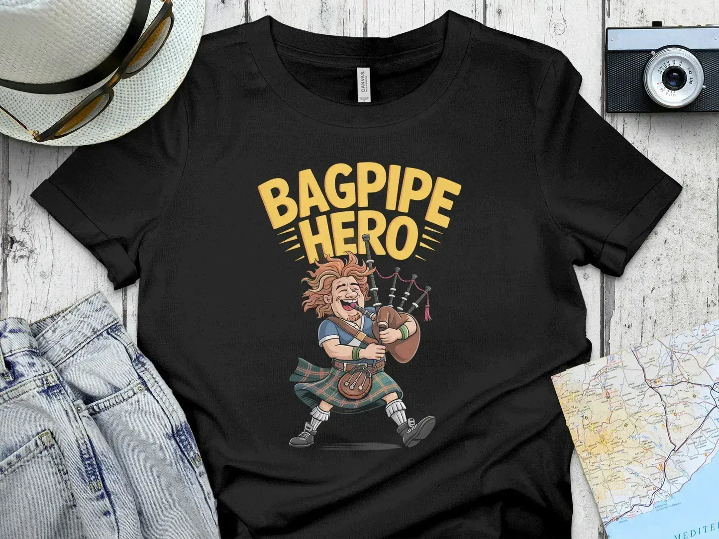 Bagpipe Hero Illustration on Black T-Shirt product
