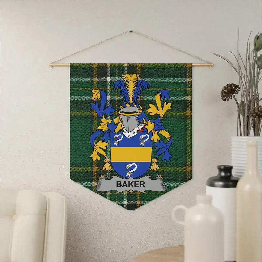 Baker Irish family crest pennant on the Irish National Tartan