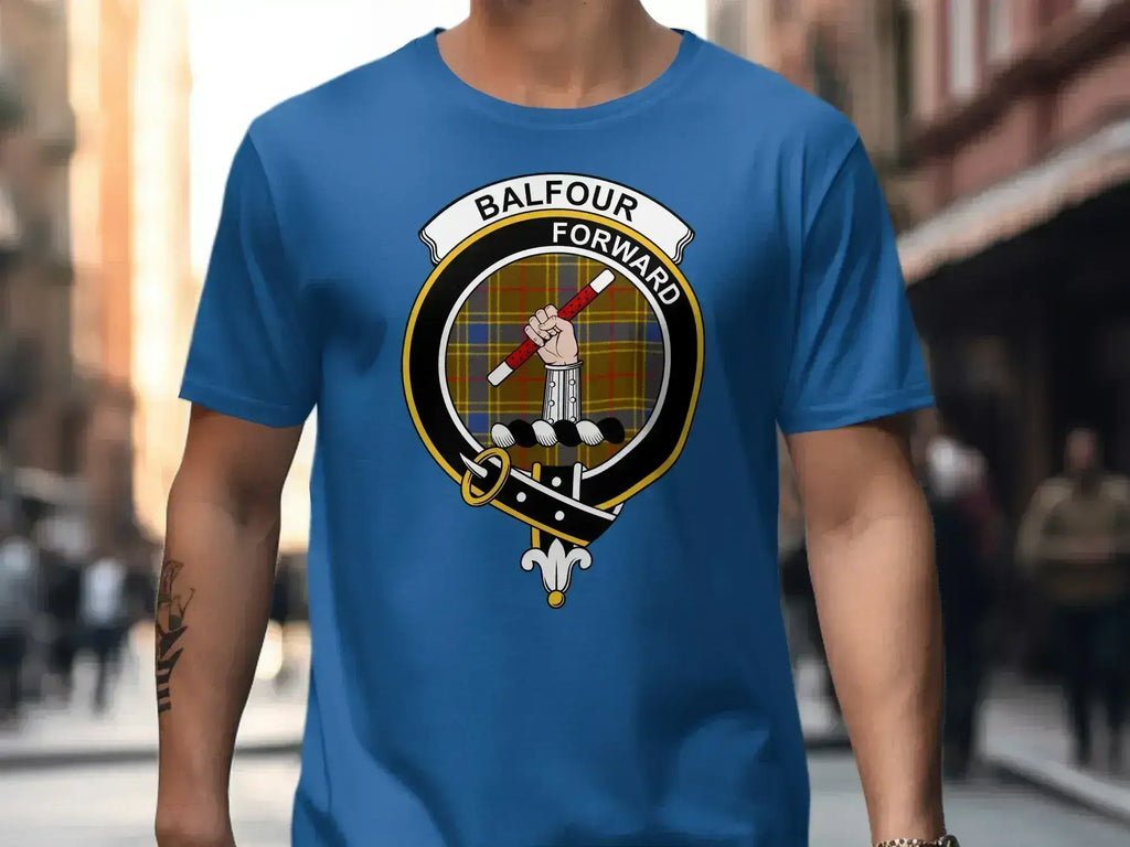 Clan Balfour Forward crest emblem t-shirt — navy, S to 3XL