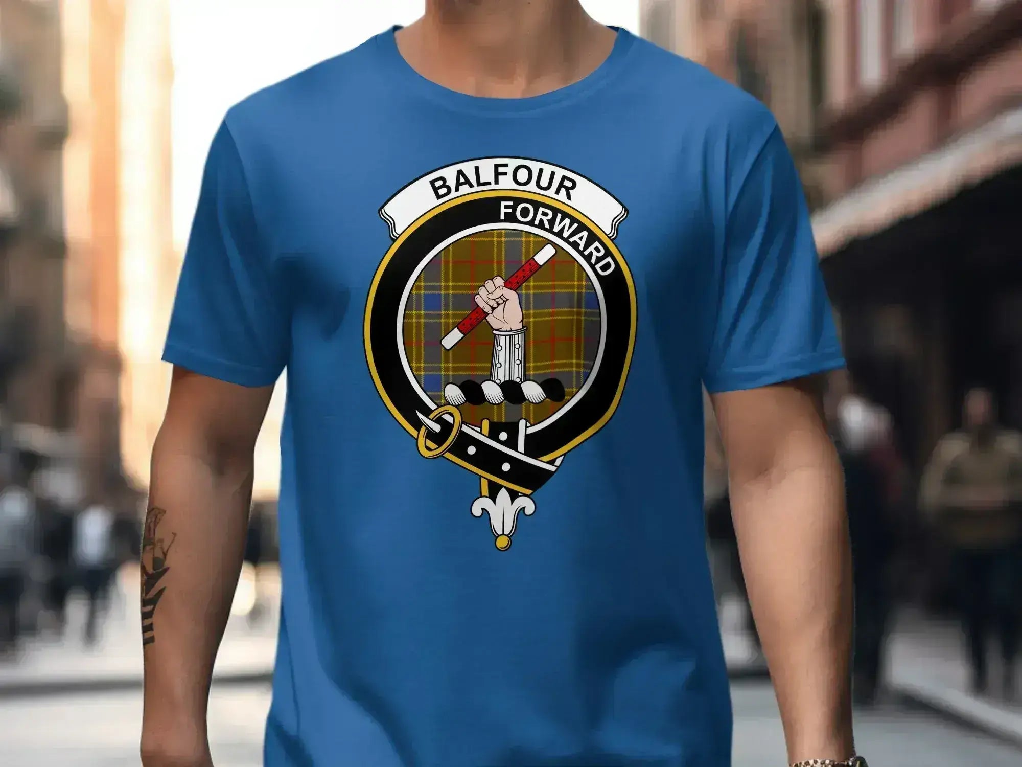 Clan Balfour forwards crest emblem t-shirt — navy, S to 3XL