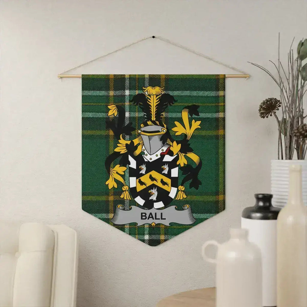 Ball Irish family crest pennant on the Irish National Tartan