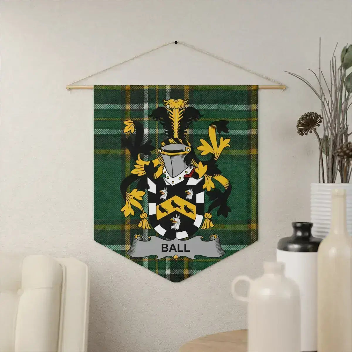 Ball Irish family crest pennant on the Irish National Tartan