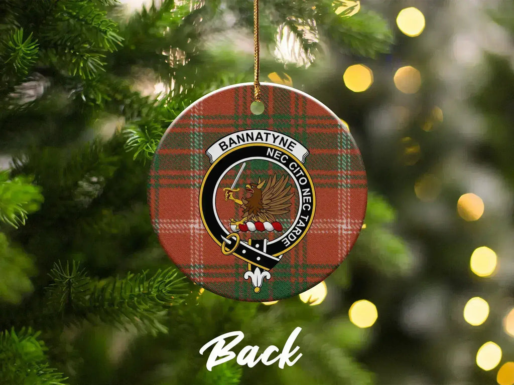 Bannatyne Nec Cito Nec Tarde clan crest double-sided ceramic ornament – clan artwork detail