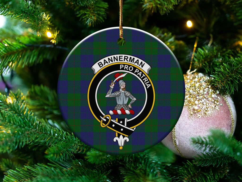 Clan Bannerman pro patria tartan Christmas ornament — 3 inch, double-sided with gold string
