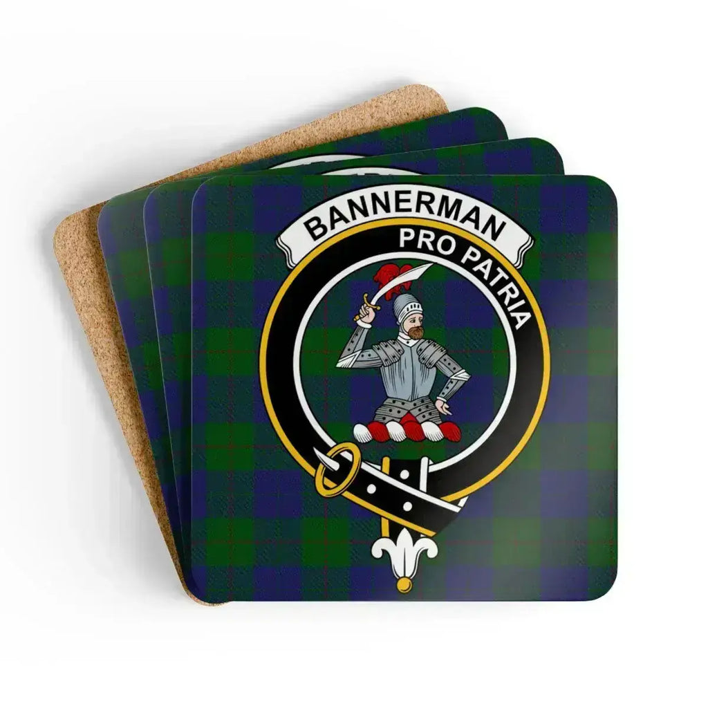 Clan Bannerman pro patria crest tartan coaster — glossy cork, 3.75 inch square