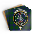 Clan Bannerman pro patria crest tartan coaster — glossy cork, 3.75 inch square