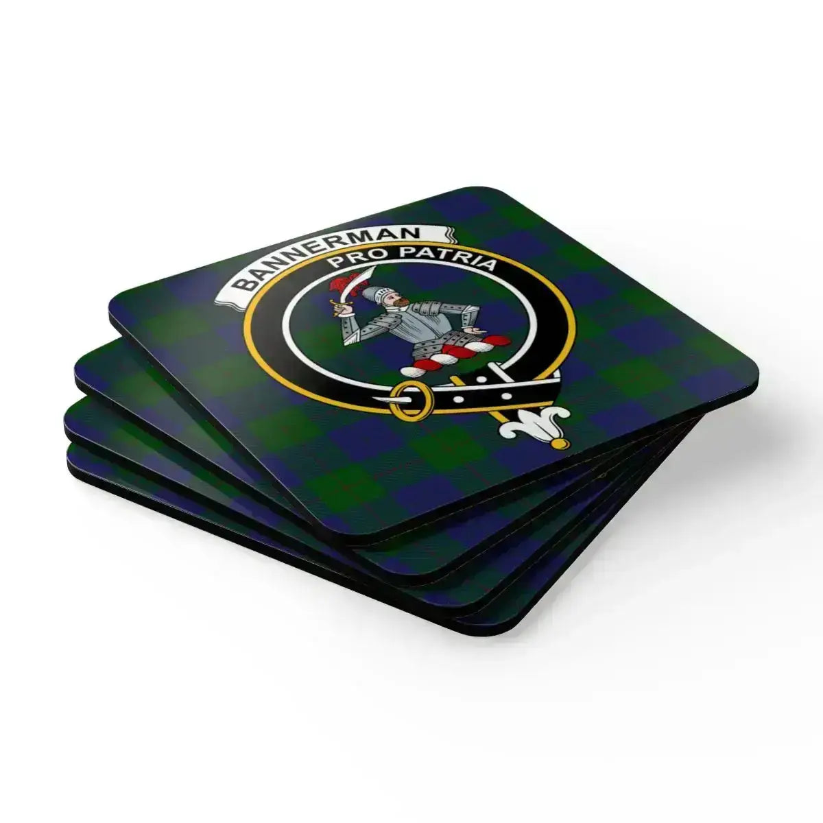 Bannerman pro patria clan crest coaster — four coasters on table