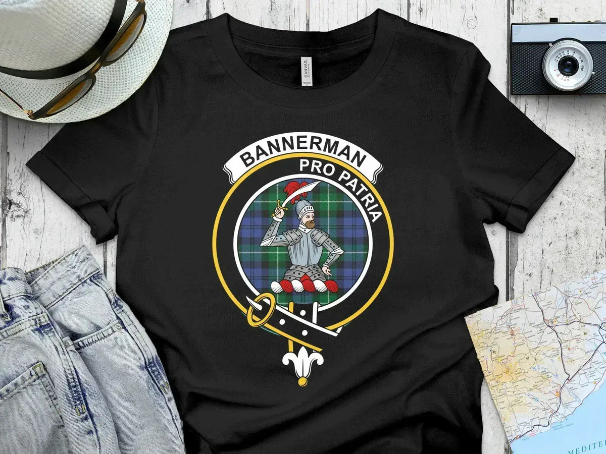 Clan Bannerman pro patria knight emblem t-shirt — navy blue, front view