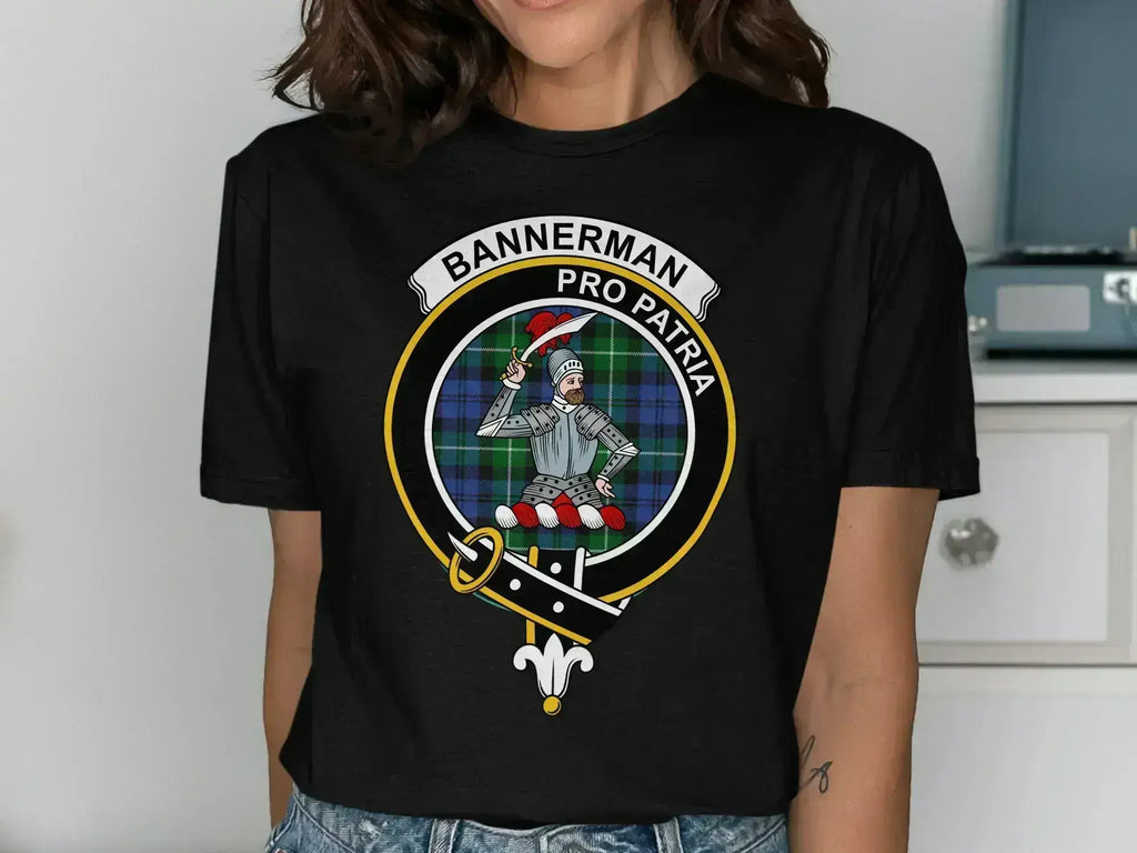 Bannerman pro patria knight crest shirt — forest green, front view