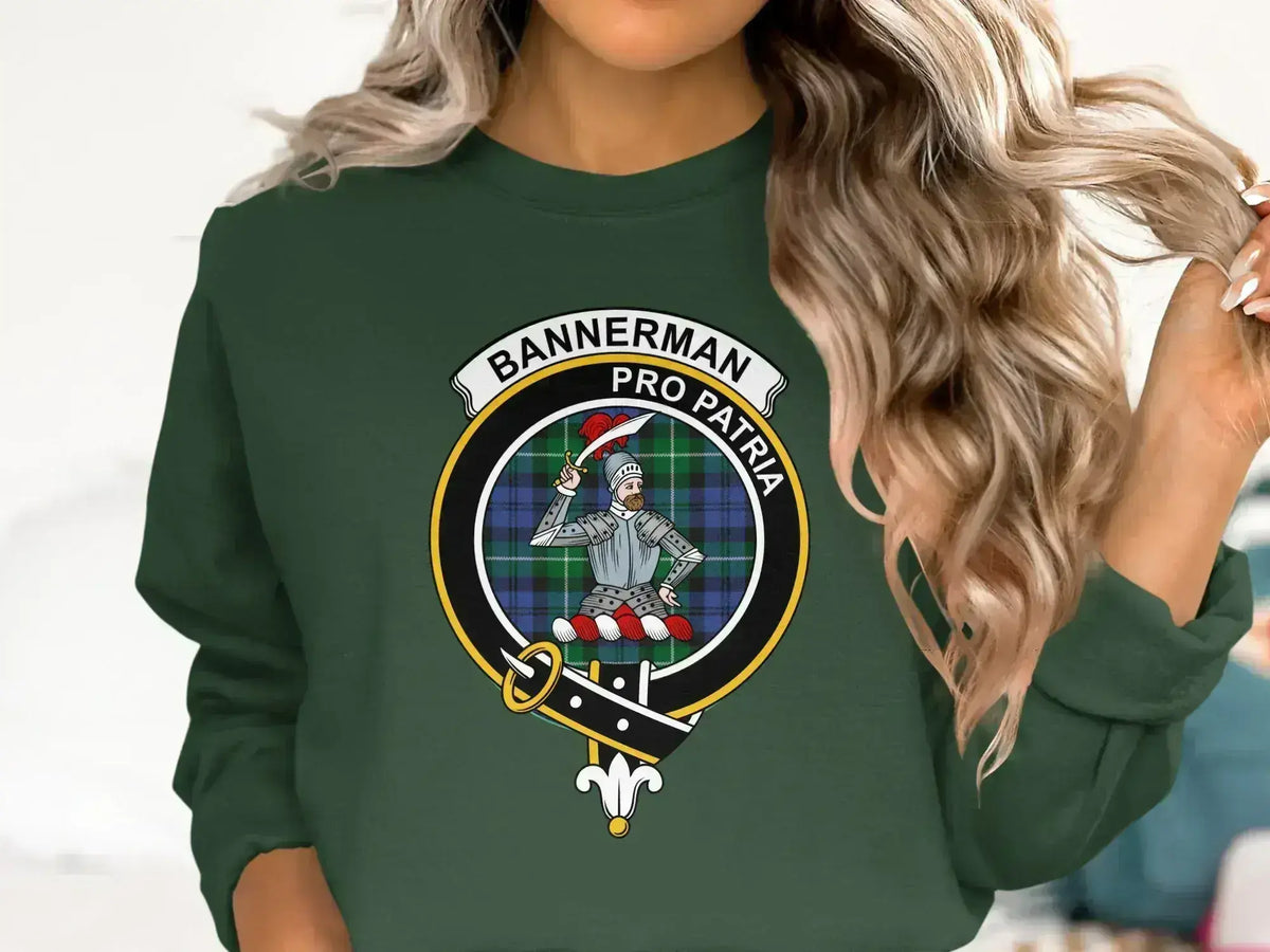 Clan Bannerman pro patria knight emblem sweatshirt — navy fleece, front view