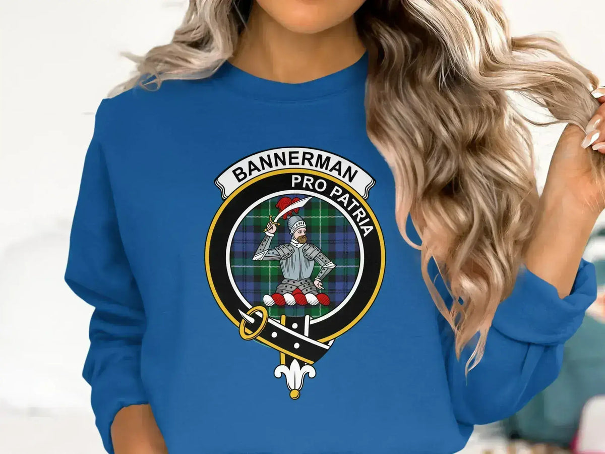 Clan Bannerman pro patria knight sweatshirt — royal blue, front view