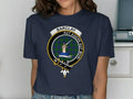 Barclay clan crest tee in royal blue — tartan design inspired by Scottish ancestry, cotton unisex fit