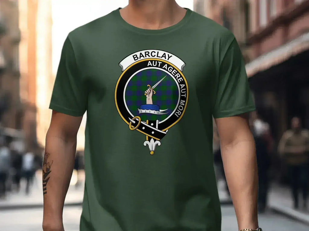 Barclay Aut Agere Aut Mori tartan t-shirt in black — clan crest design, sizes S to 3XL