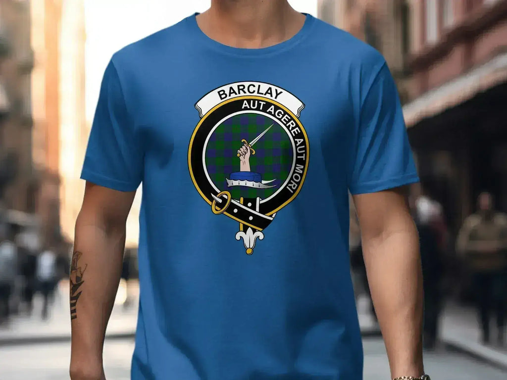 Barclay Aut Agere Aut Mori logo tee in navy — Scottish heritage crest and tartan, everyday cotton fit