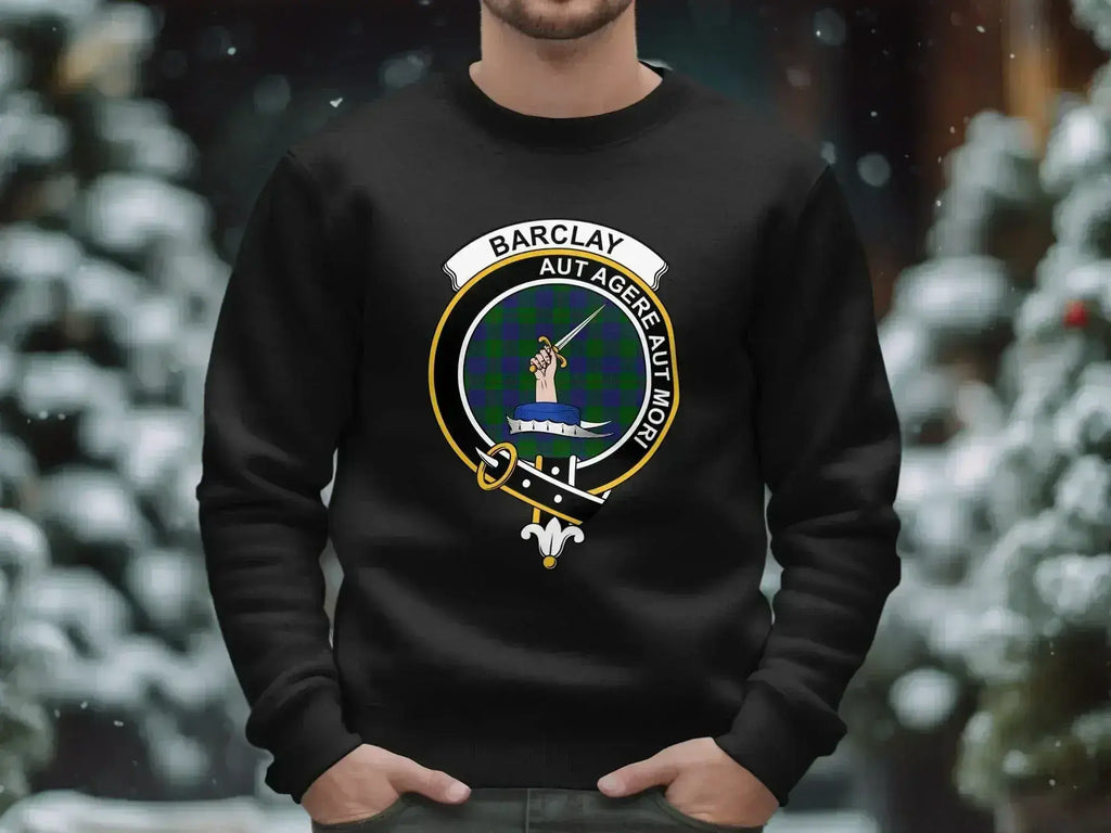 Barclay Aut Agere Aut Mori crest sweatshirt in navy — fleece interior, clan tartan design S to 3XL