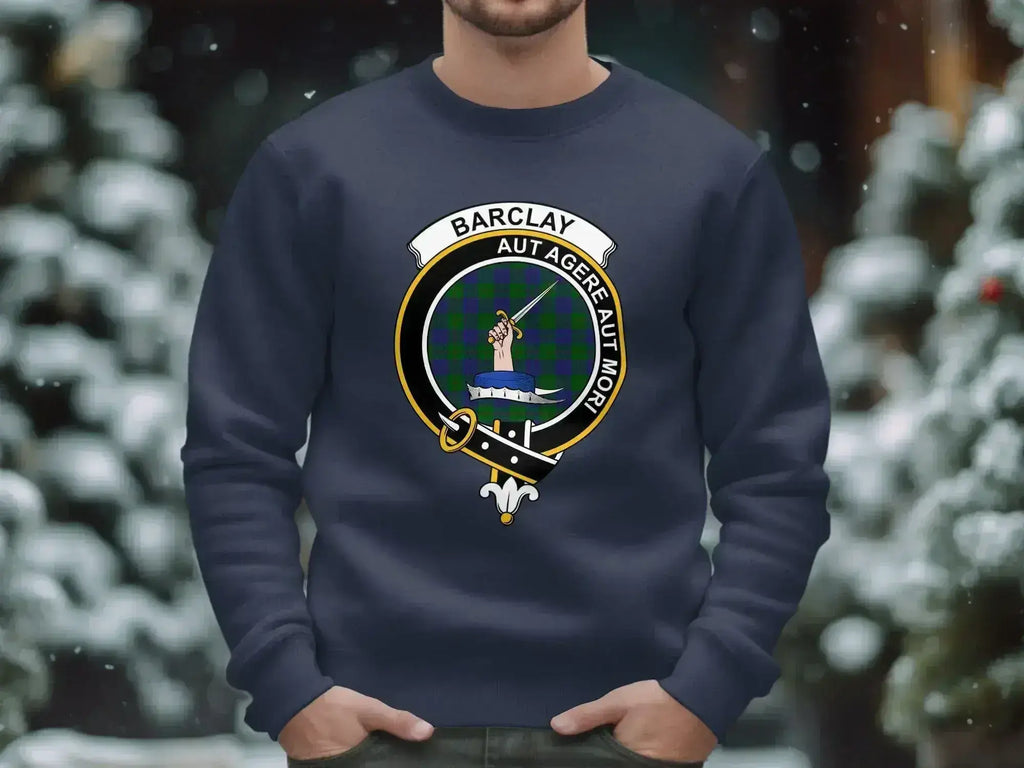 Barclay Aut Agere Aut Mori sweatshirt in black — clan crest and tartan, fleece crewneck