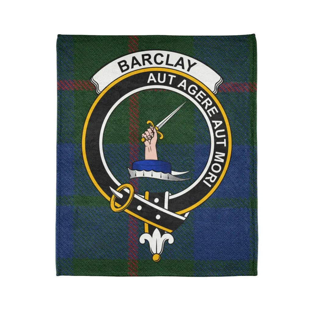 Barclay Aut Agere Aut Mori printed throw closeup — clan crest and tartan design on soft polyester