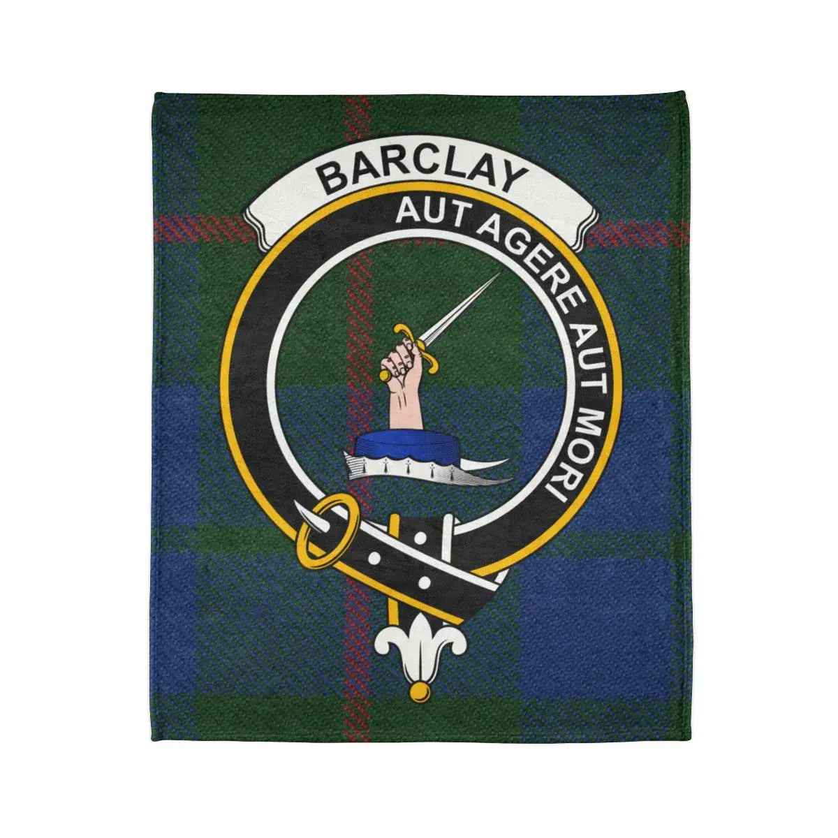 Barclay Aut Agere Aut Mori printed throw closeup — clan crest and tartan design on soft polyester