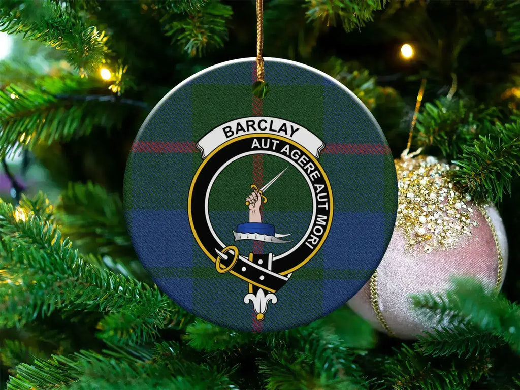 Clan Barclay Scottish tartan ceramic Christmas ornament — 3 inch round, Aut Agere Aut Mori, glossy finish