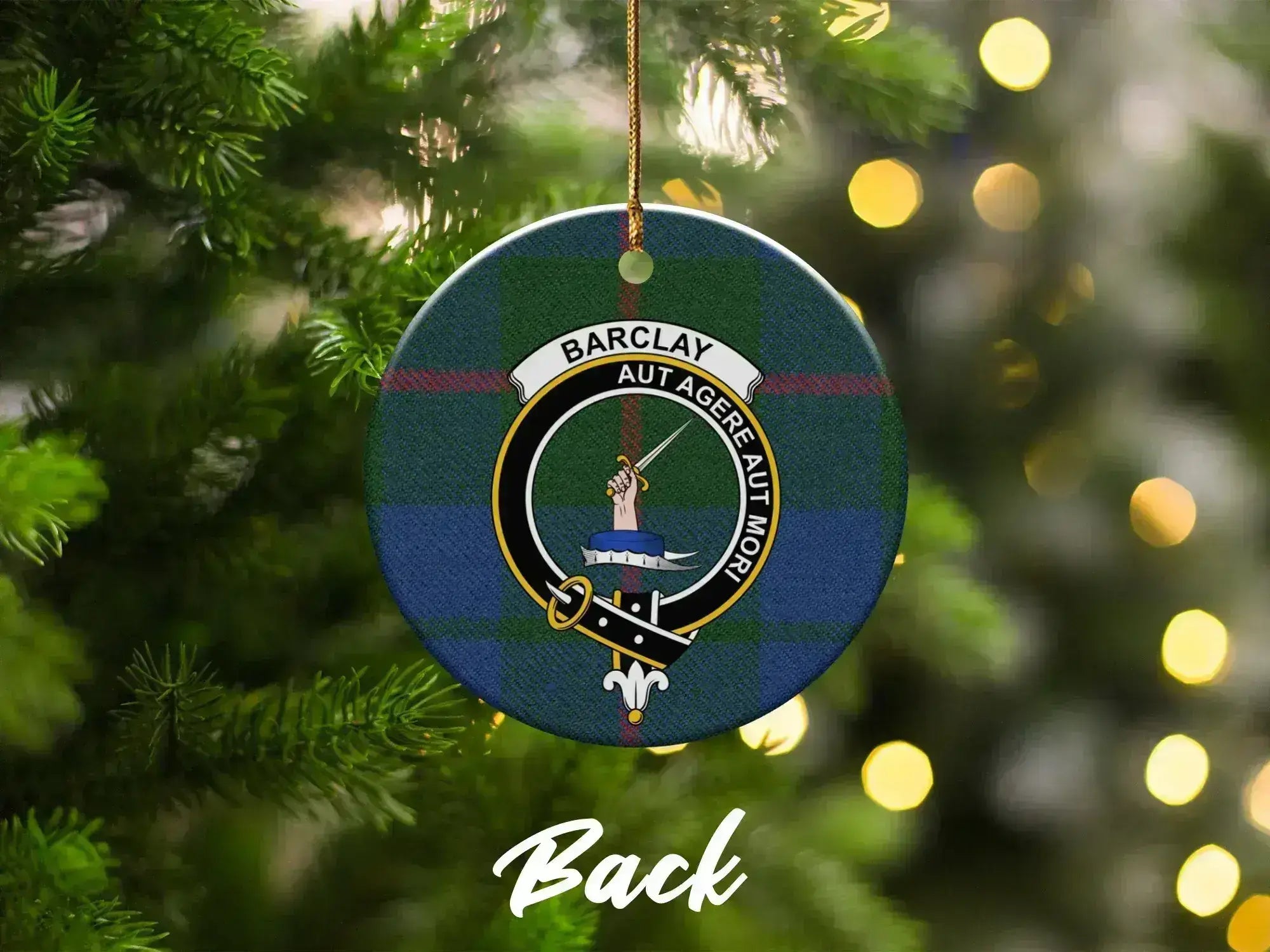 Barclay clan crest ceramic ornament back — double-sided tartan print, Scottish heritage keepsake