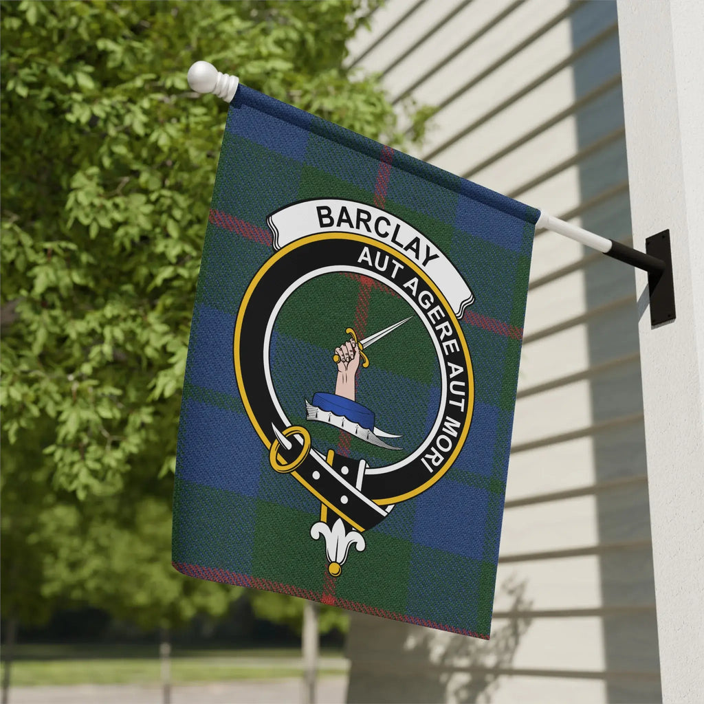 Clan Barclay tartan garden flag — Aut Agere Aut Mori crest design, 12x18 poly canvas outdoor display