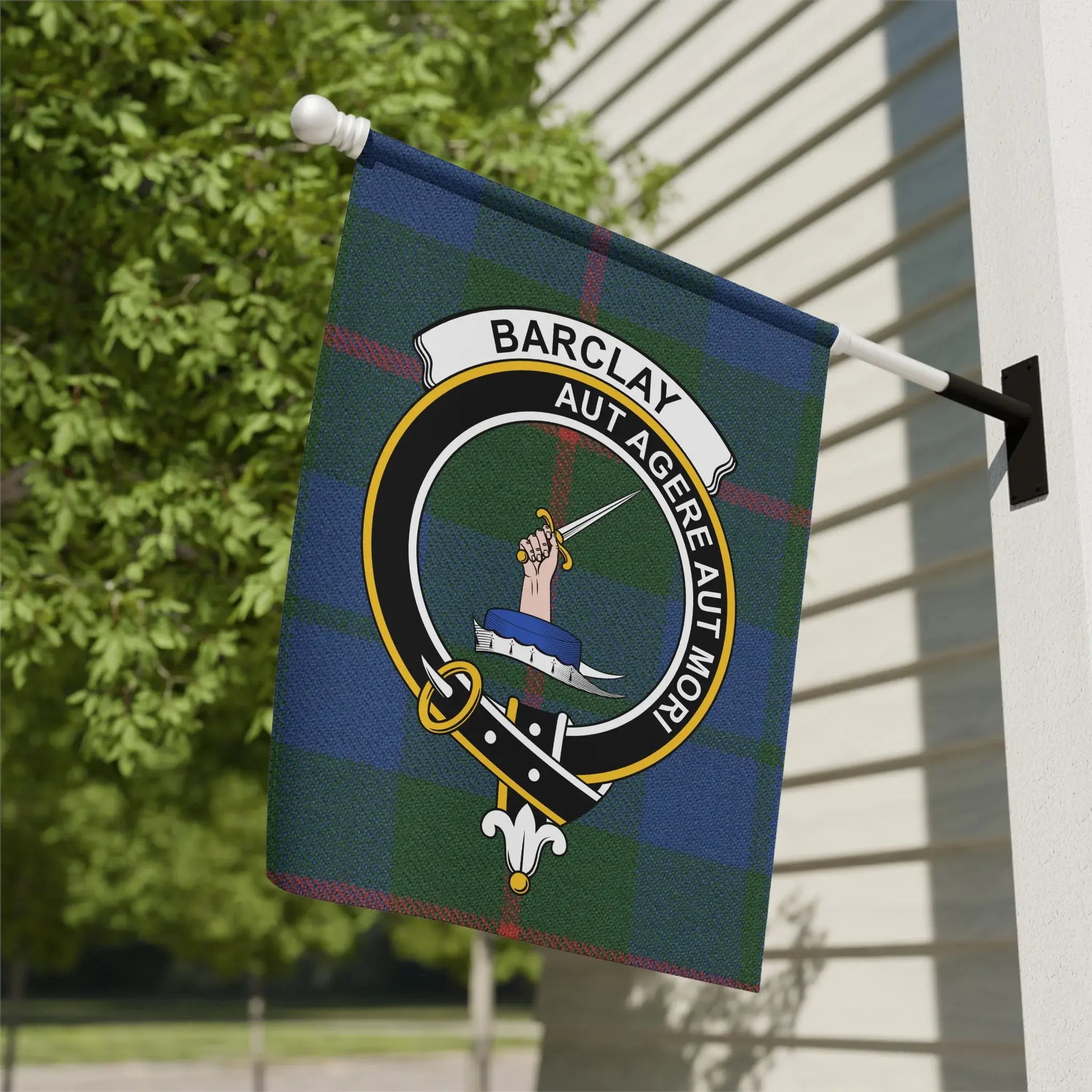 Clan Barclay tartan garden flag — Aut Agere Aut Mori crest design, 12x18 poly canvas outdoor display