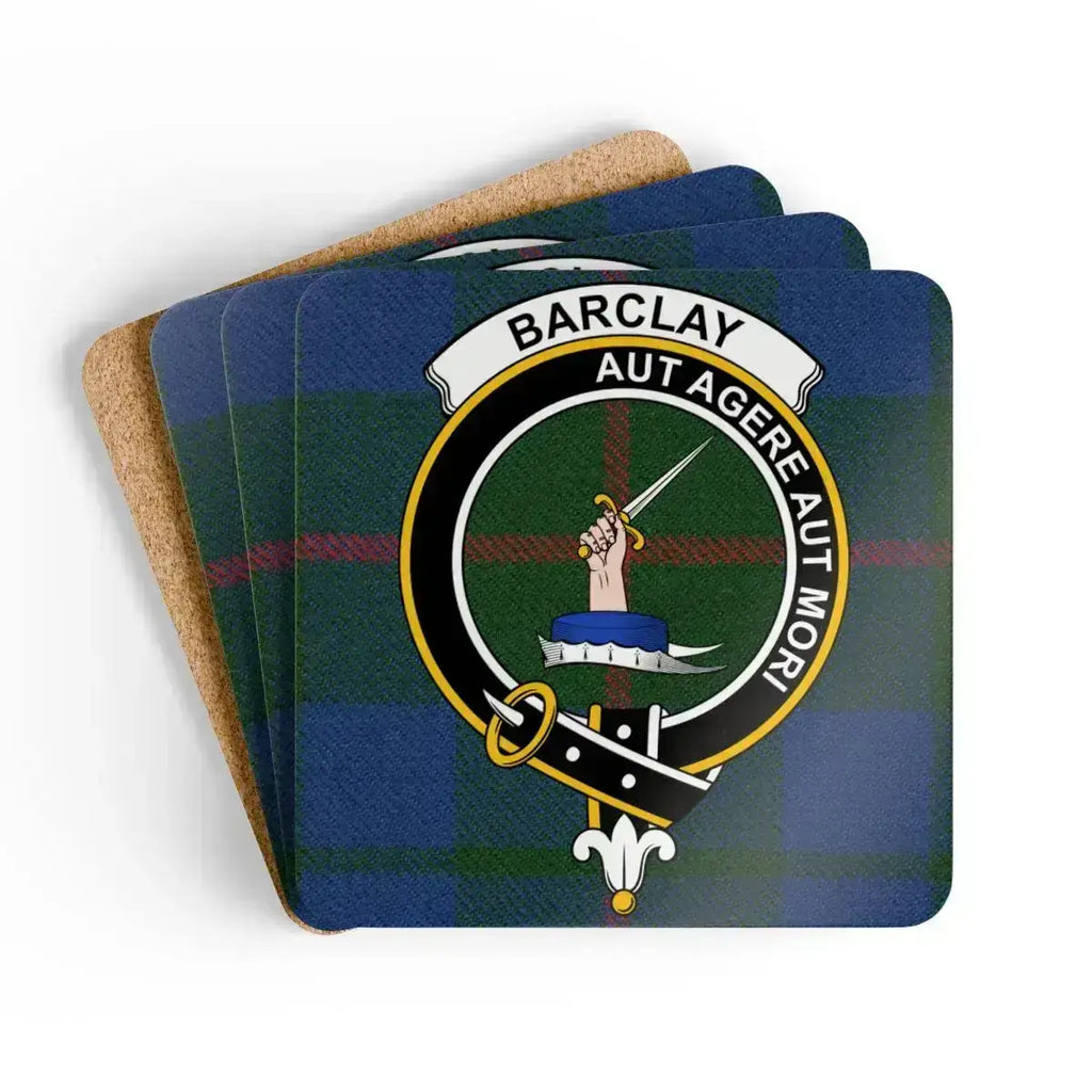 Clan Barclay tartan coaster set — four corkwood square coasters with crest and Aut Agere Aut Mori motto