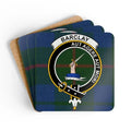 Clan Barclay tartan coaster set — four corkwood square coasters with crest and Aut Agere Aut Mori motto