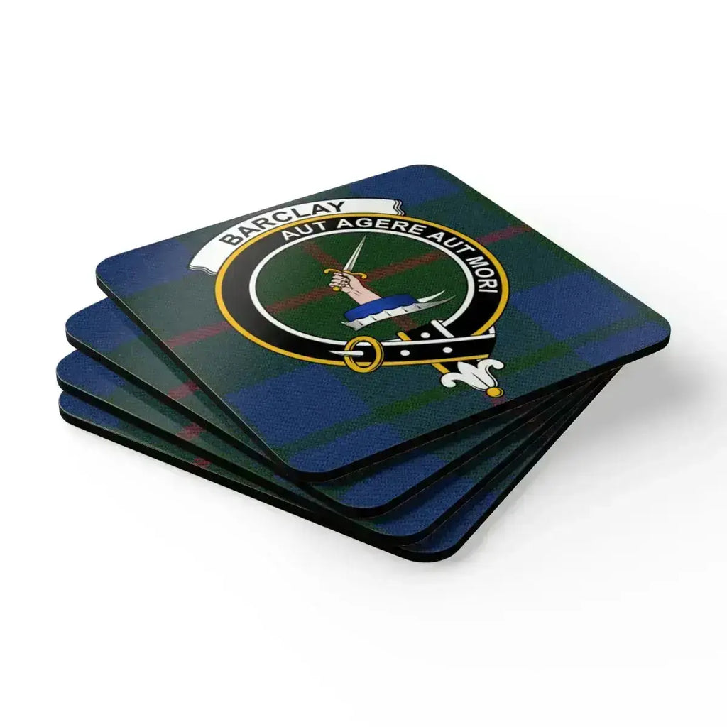 Barclay clan crest coaster set of four on table — glossy finish, corkwood backing, Scottish design