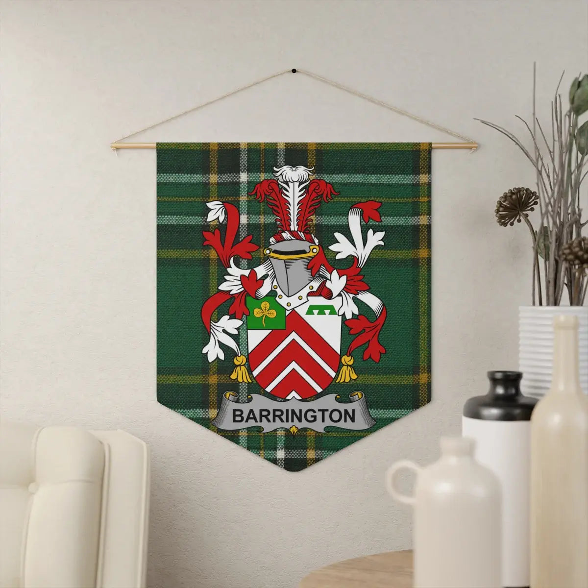 Barrington Irish family crest wall pennant — crest on the Irish national tartan