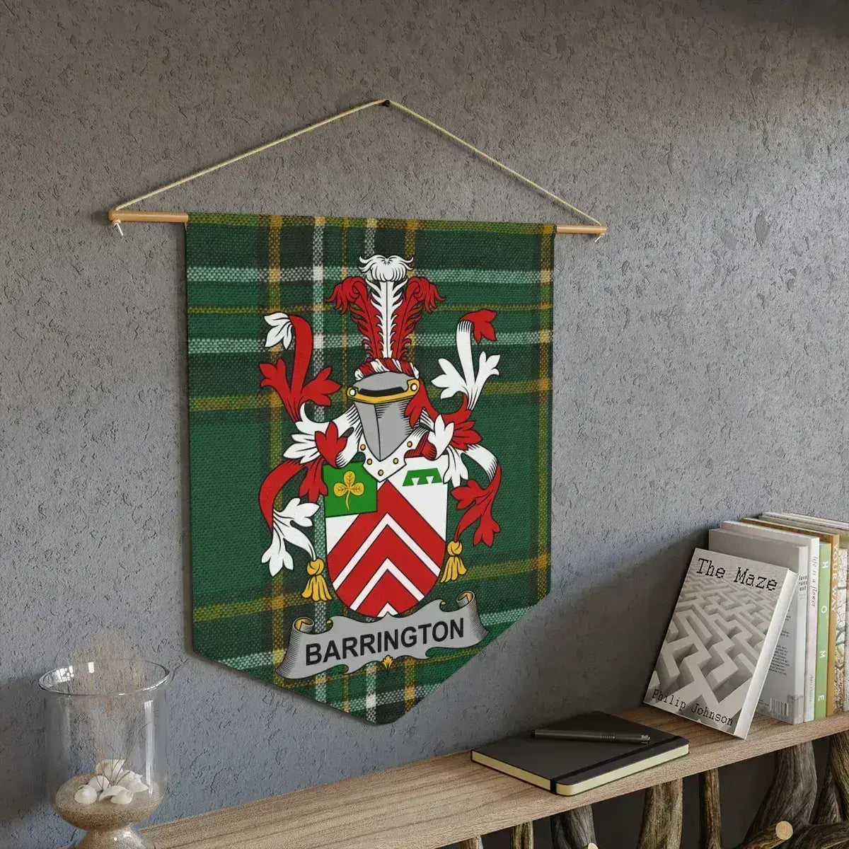 Barrington Irish family crest wall pennant — tartan wall hanging display